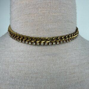 Vintage Gold Tone Chain w/ Rhinestones Necklace Thick 15"